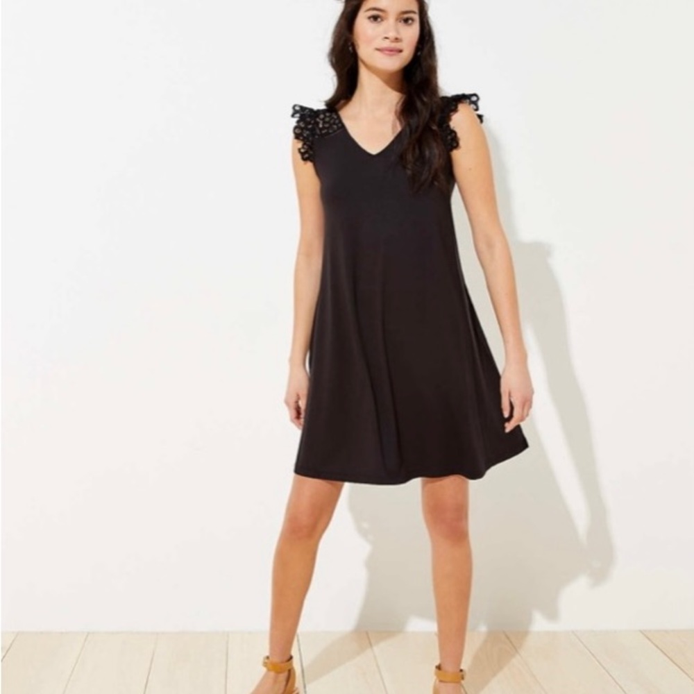 LOFT | Black Swing Dress with Lace Flutter Sleeves in XS tall